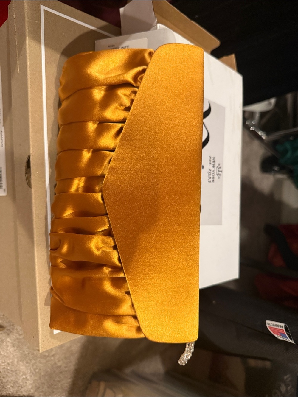 Satin Ruched Envelope Clutch in Burnt Amber